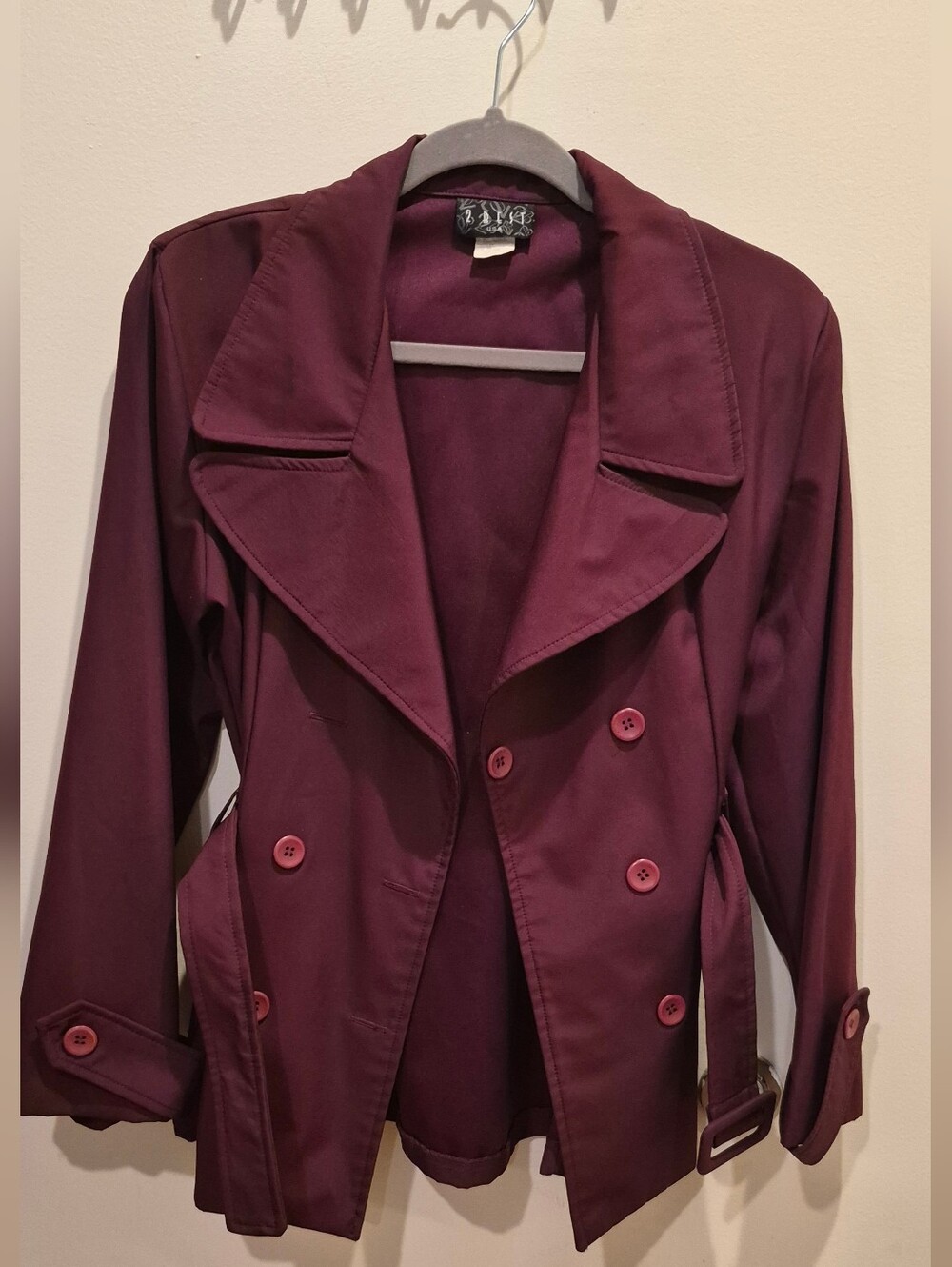 Classic Women's Belted Pea Coat - Burgundy - Picture 9 of 9